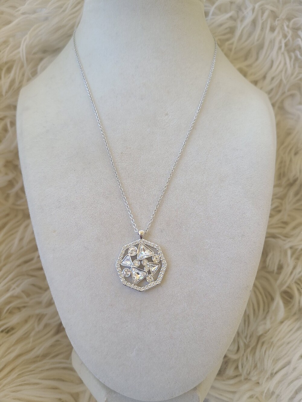 Swarovski Silver-Tone Crystal Octagonal Pendant Necklace- Excellent Condition
